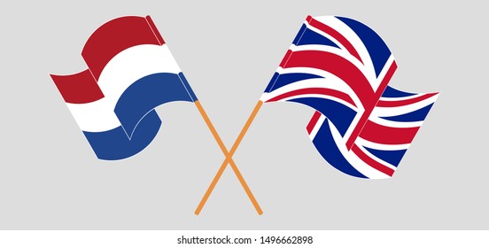 Crossed and waving flags of Netherlands and the UK. Vector illustration
