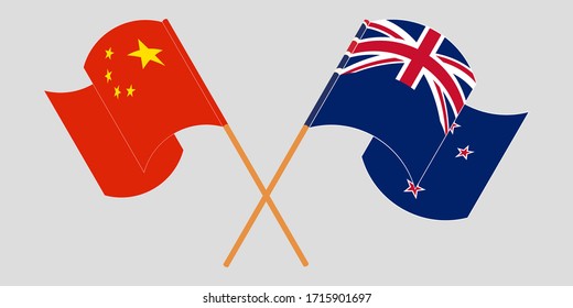 Crossed and waving flags of New Zealand and China