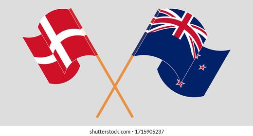 Crossed and waving flags of New Zealand and Denmark