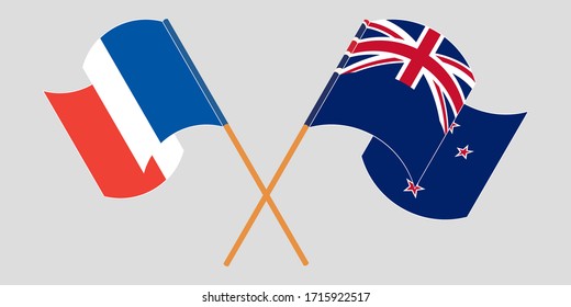 Crossed and waving flags of New Zealand and France