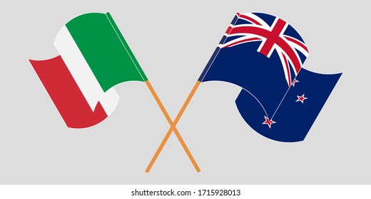 Crossed and waving flags of New Zealand and Italy