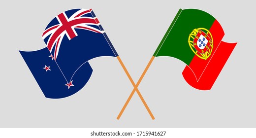 Crossed and waving flags of New Zealand and Portugal