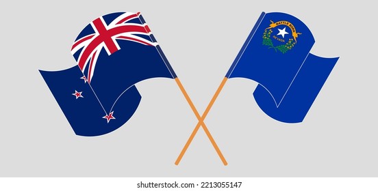 Crossed and waving flags of New Zealand and The State of Nevada. Vector illustration
