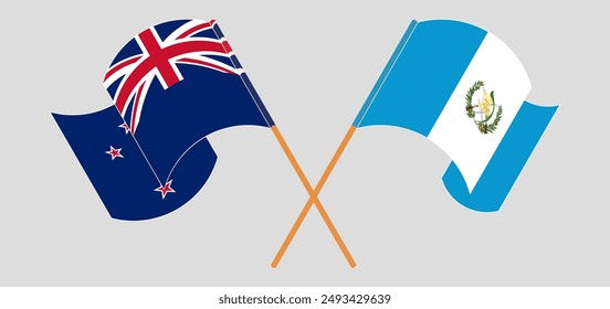 Crossed and waving flags of New Zealand and Republic of Guatemala. Vector illustration
