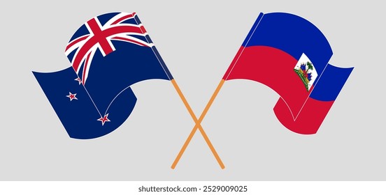 Crossed and waving flags of New Zealand and Republic of Haiti. Vector illustration.
