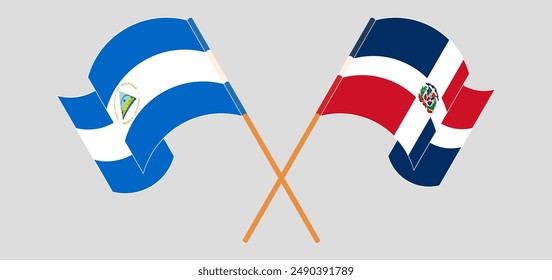 Crossed and waving flags of Nicaragua and Dominican Republic. Vector illustration
