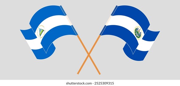 Crossed and waving flags of Nicaragua and Republic of El Salvador. Vector illustration.
