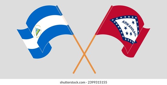 Crossed and waving flags of Nicaragua and The State of Arkansas. Vector illustration
