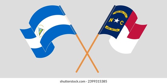 Crossed and waving flags of Nicaragua and The State of North Carolina. Vector illustration
