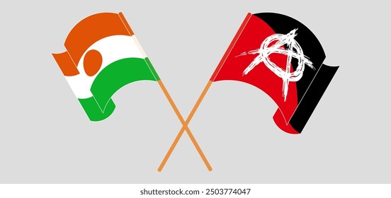 Crossed and waving flags of Niger and Anarchy. Vector illustration
