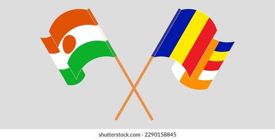 Crossed and waving flags of Niger and Buddhism. Vector illustration
