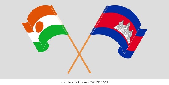 Crossed and waving flags of Niger and Cambodia. Vector illustration
