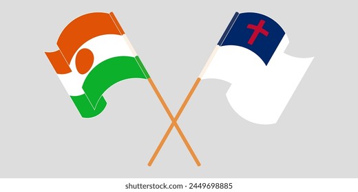 Crossed and waving flags of Niger and christianity. Vector illustration