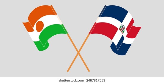 Crossed and waving flags of Niger and Dominican Republic. Vector illustration
