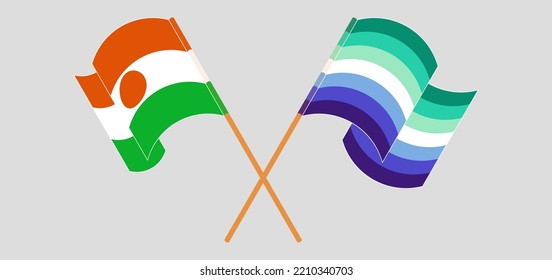 Crossed and waving flags of Niger and gay men pride. Vector illustration
