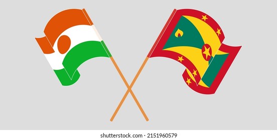Crossed and waving flags of Niger and Grenada. Vector illustration
