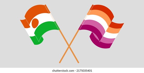 Crossed and waving flags of Niger and Lesbian Pride