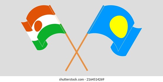 Crossed and waving flags of Niger and Palau. Vector illustration
