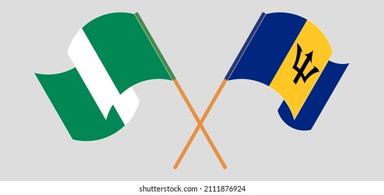 Crossed and waving flags of Nigeria and Barbados. Vector illustration
