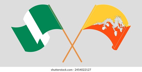 Crossed and waving flags of Nigeria and Bhutan. Vector illustration
