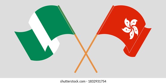 Crossed and waving flags of Nigeria and Hong Kong. Vector illustration
