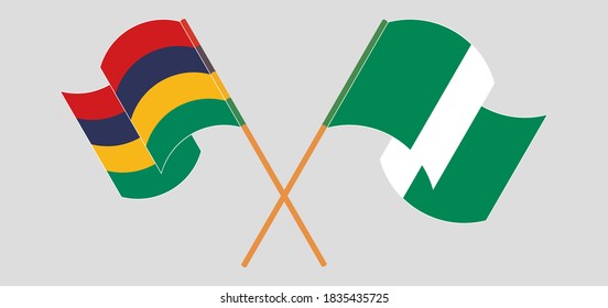 Crossed and waving flags of Nigeria and Mauritius. Vector illustration
