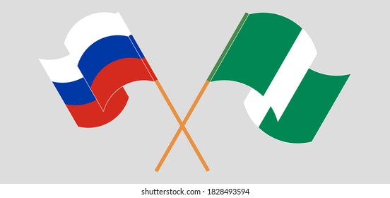 Crossed and waving flags of Nigeria and Russia. Vector illustration
