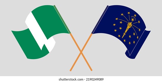 Crossed and waving flags of Nigeria and the State of Indiana. Vector illustration

