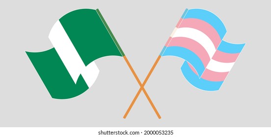 Crossed and waving flags of Nigeria and Transgender Pride