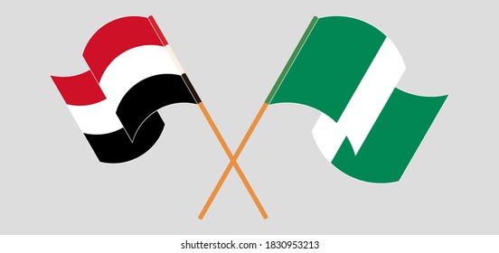 Crossed and waving flags of Nigeria and Yemen. Vector illustration
