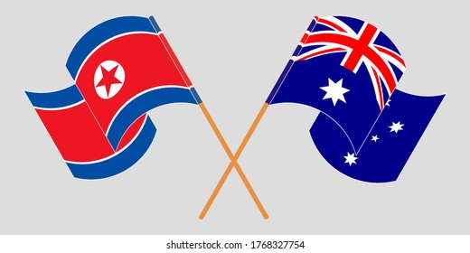Crossed and waving flags of North Korea and Australia