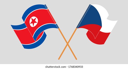 Crossed and waving flags of North Korea and Czech Republic