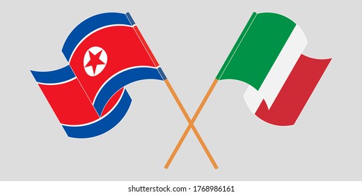 Crossed and waving flags of North Korea and Italy