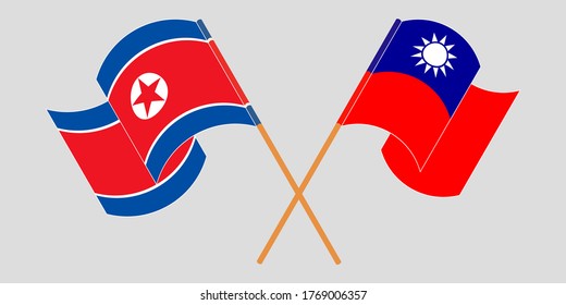 Crossed and waving flags of North Korea and Taiwan