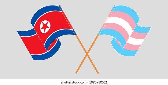 Crossed and waving flags of North Korea and Transgender Pride