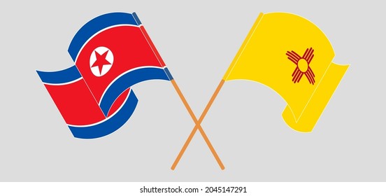 Crossed and waving flags of North Korea and the State of New Mexico