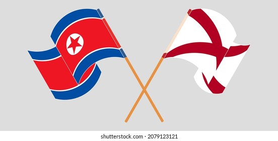 Crossed and waving flags of North Korea and The State of Alabama. Vector illustration
