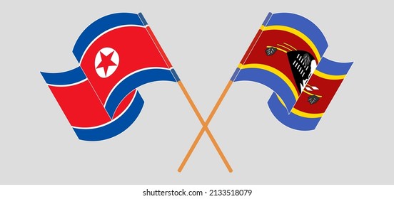Crossed and waving flags of North Korea and Eswatini. Vector illustration
