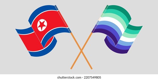 Crossed and waving flags of North Korea and gay men pride. Vector illustration
