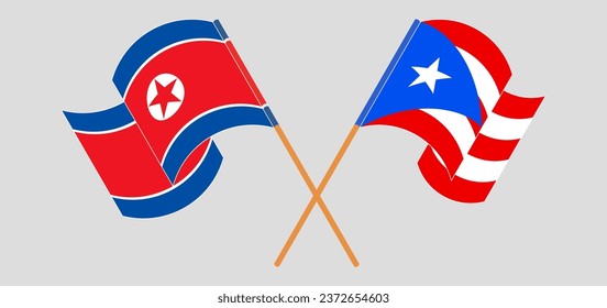 Crossed and waving flags of North Korea and Puerto Rico. Vector illustration

