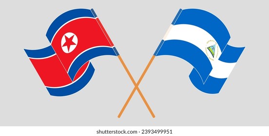 Crossed and waving flags of North Korea and Nicaragua. Vector illustration
