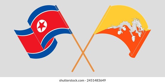Crossed and waving flags of North Korea and Bhutan. Vector illustration

