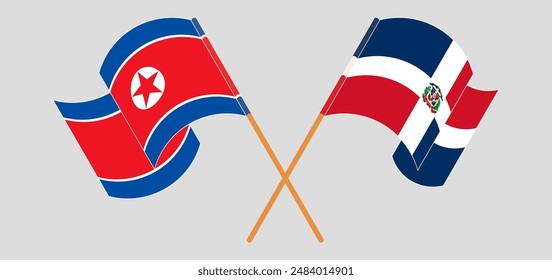 Crossed and waving flags of North Korea and Dominican Republic. Vector illustration
