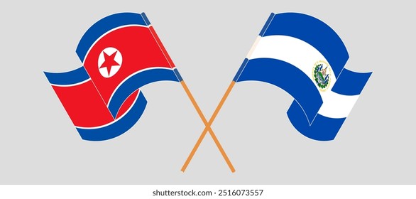 Bandeiras cruzadas e acenando da Coreia do Norte e República de El Salvador. Ilustração vetorial.
