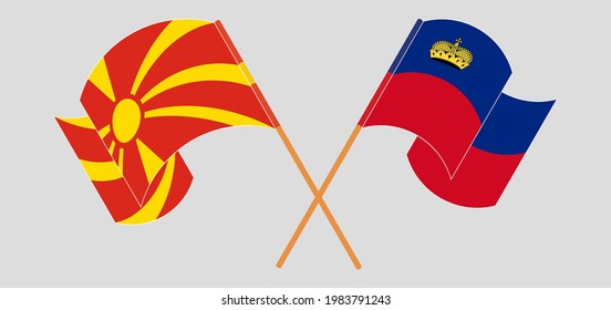 Crossed and waving flags of North Macedonia and Liechtenstein
