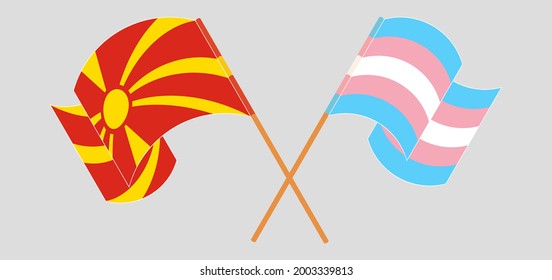 Crossed and waving flags of North Macedonia and Transgender Pride