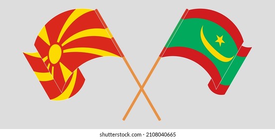 Crossed and waving flags of North Macedonia and Mauritania. Vector illustration