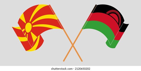 Crossed and waving flags of North Macedonia and Malawi. Vector illustration
