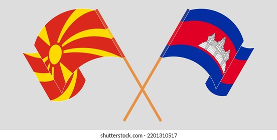 Cruzaron y ondearon banderas del norte de Macedonia y Camboya. Ilustración del vector
