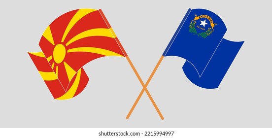 Crossed and waving flags of North Macedonia and The State of Nevada. Vector illustration
